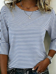 Nautical Striped Round Neck 3/4 Sleeve Blouse