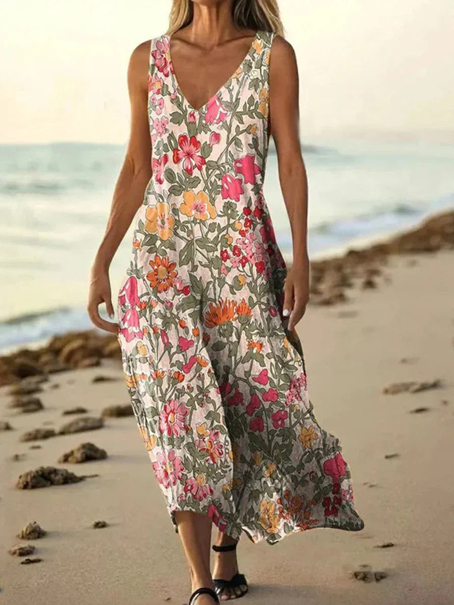 Vintage Floral Print V-neck Sleeveless Maxi Dress Main image