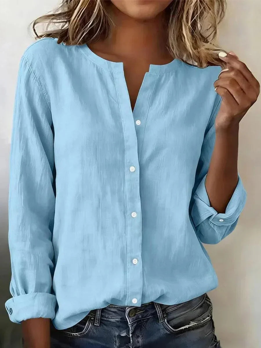 Solid Color Soft Blue Long Sleeve Button Up Blouse Main image
