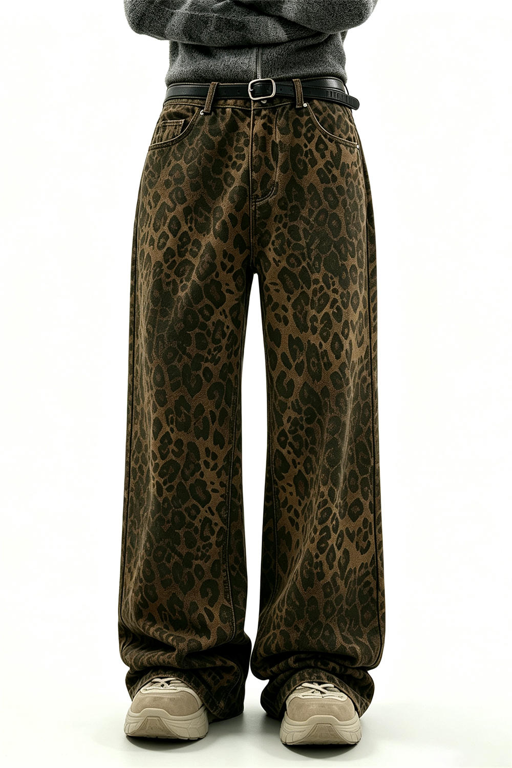 Women's Brown Leopard Print Mid Waist Wide Leg Jeans