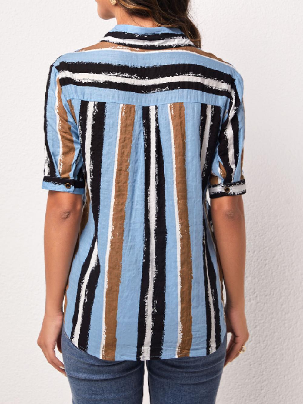Colorful Stripe Print Shirt Collar Short Sleeve Pocket Casual Shirt