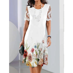Lace Print Round Neck Short Sleeve Midi Dress