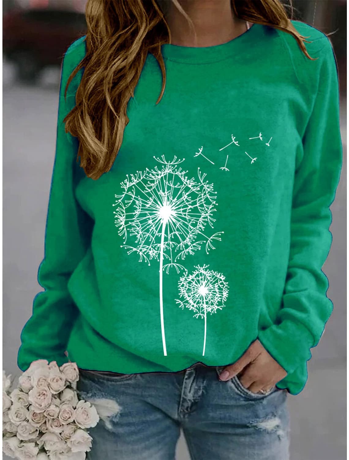 Green Dandelion Print Round Neck Long Sleeve Casual Loose Sweatshirts