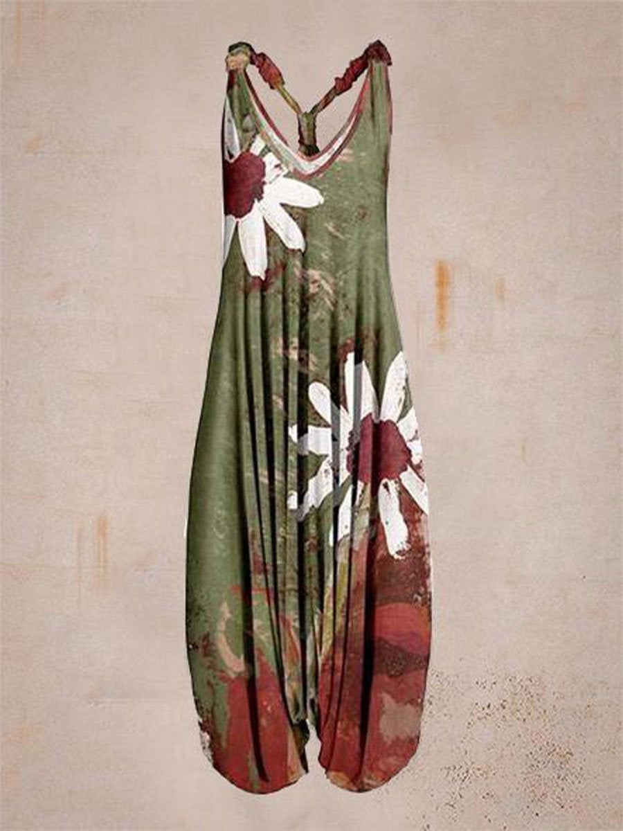 Loose Floral Print Sleeveless Harem Jumpsuit
