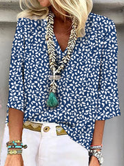 Floral V Neck Three Quarter Sleeve Blouse