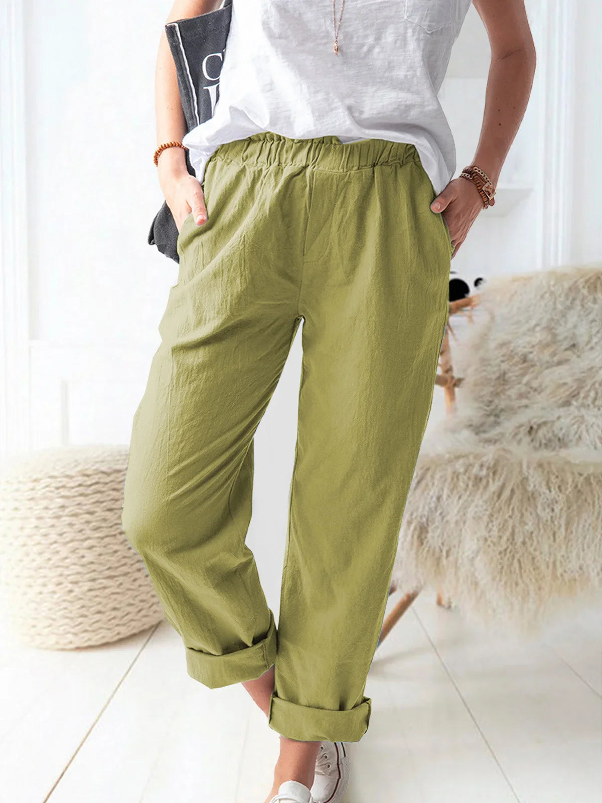 Elastic Waist Cotton Linen Loose Turnip Pants