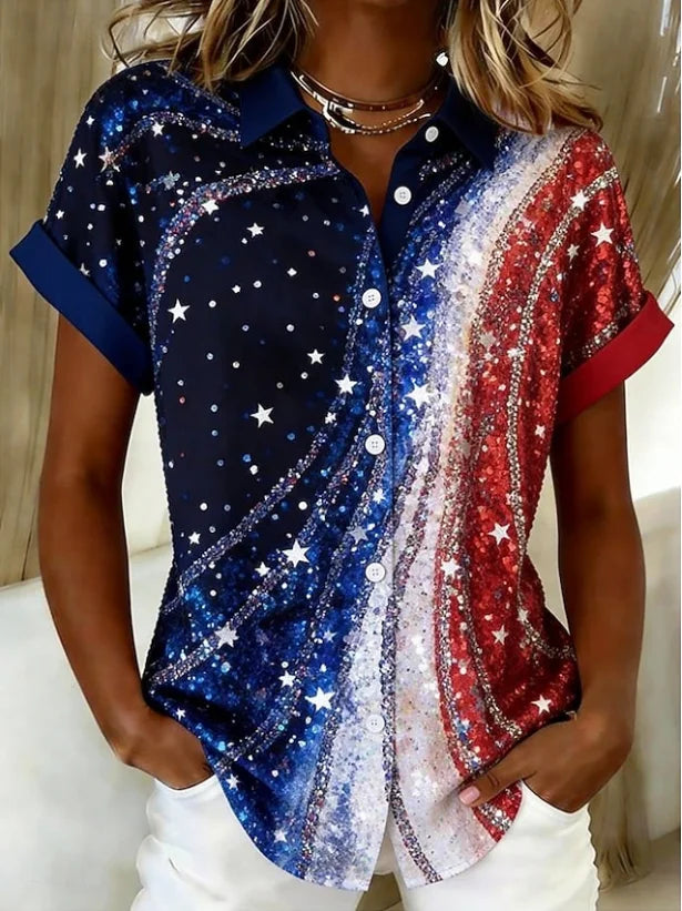 Independence Day Print Short Sleeve Button Up Shirt