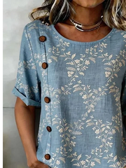 Vintage Floral Linen Blend Button Short Sleeve Top