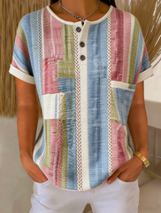 Color Block Geometric Striped Short Sleeve Button Top