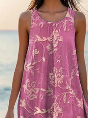Plant Leaf Print Sleeveless Crew Neck A-Line Midi Dress