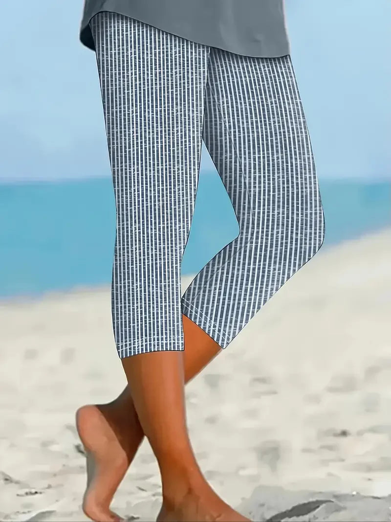 Striped Print Elastic Waist H-Line Capri Leggings