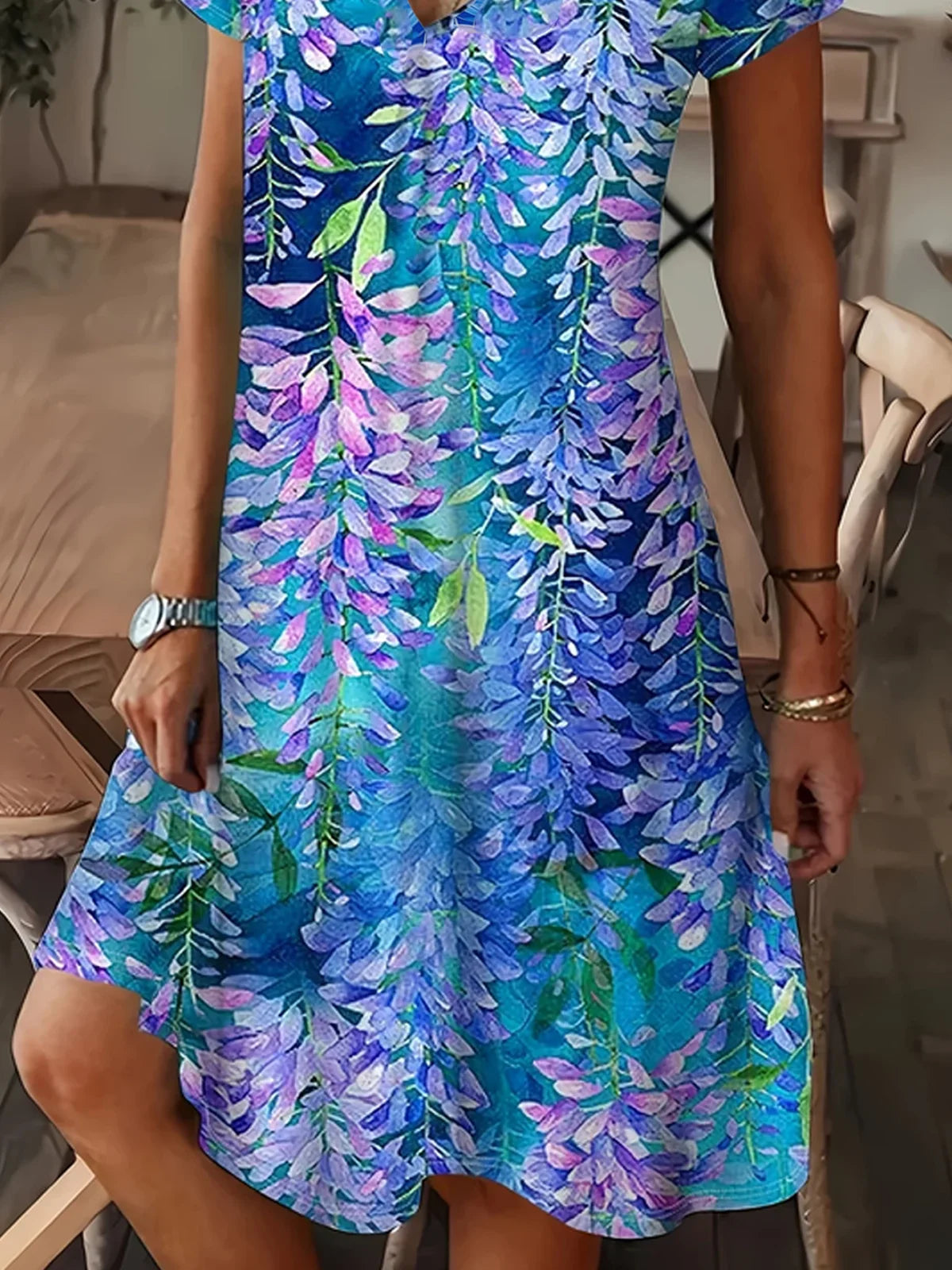 V Neck Floral Print Short Sleeve A-Line Maxi Dress