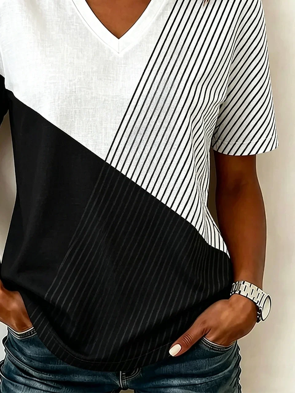 Color Block Striped Geometric V Neck Short Sleeve Loose Jersey T-Shirt