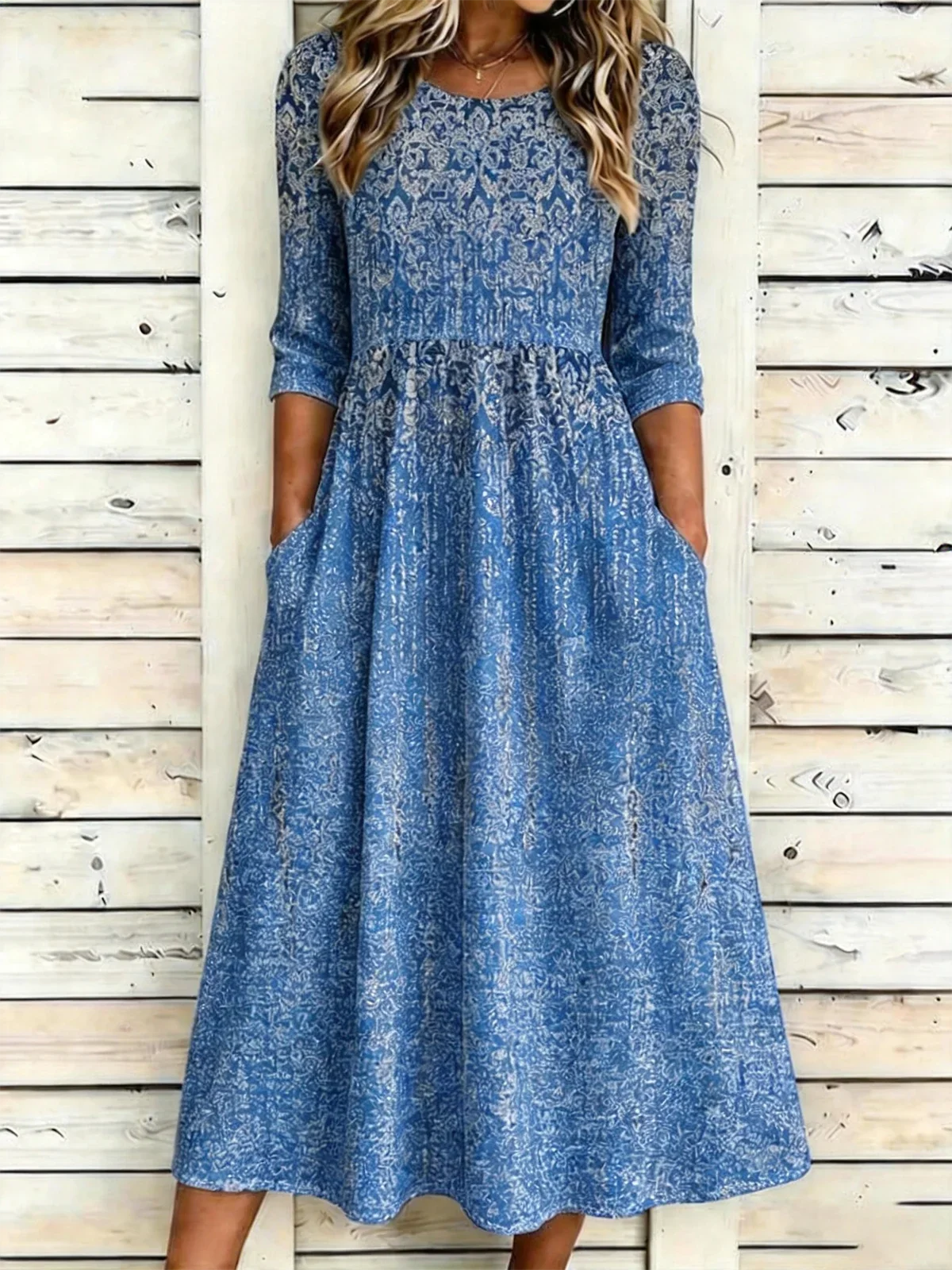 Gradient Geometric Print Round Neck Half Sleeve Loose High Waist A-Line Cotton Blend Maxi Dress