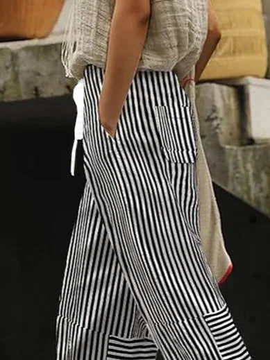 Vertical Stripe Natural Waist Loose H-Line Baggy Long Polyester Casual Pants