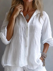 Plain Shirt Collar Button Front Long Sleeve Loose H-Line Lightweight Polyester Blouse
