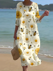 Daisy Bee Floral Print Crew Neck Short Sleeve Regular Fit A-Line Cotton Polyester Maxi Dress
