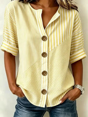 Vertical Stripe Stand Collar Three Quarter Sleeve Loose H-Line Cotton Linen Blend Casual Shirt