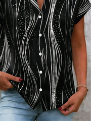 Wave Geometric Strip Split Collar Short Sleeve Loose H-Line Polyester Spandex Elegant Blouse