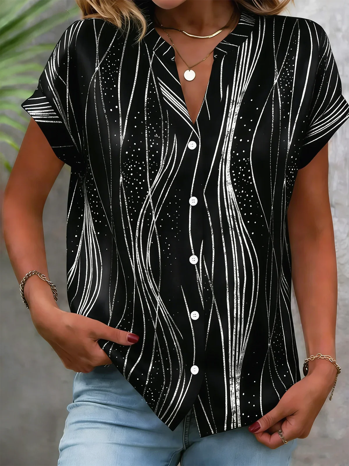 Wave Geometric Strip Split Collar Short Sleeve Loose H-Line Polyester Spandex Elegant Blouse