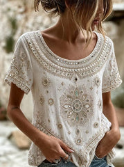 Women's Retro Baroque Floral Print Round Neck Short Sleeve Summer Casual T-shirt