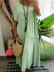 Women Asymmetrical Neckline Short Sleeve Solid Cotton Casual Tiered Maxi Dress