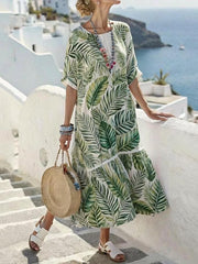 Women Green Botanical Leaf Print Round Neck Short Sleeve  Casual Ankle Length Midi Dress