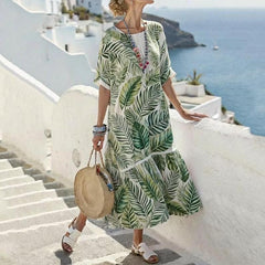 Women Green Botanical Leaf Print Round Neck Short Sleeve  Casual Ankle Length Midi Dress