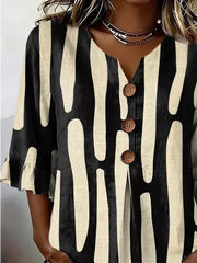 Women Casual Vintage Black Abstract Print V Neck Ruffle Half Sleeve Polyester Blouse