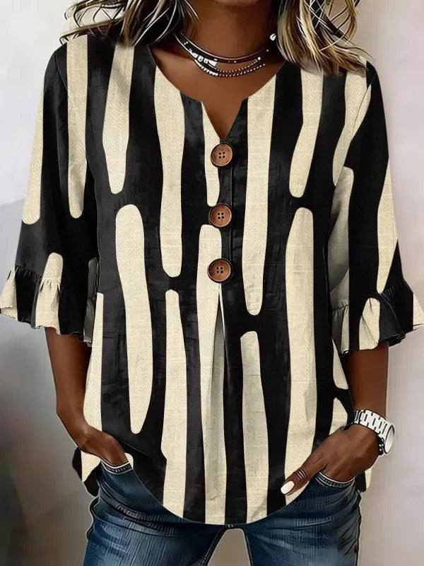 Women Casual Vintage Black Abstract Print V Neck Ruffle Half Sleeve Polyester Blouse