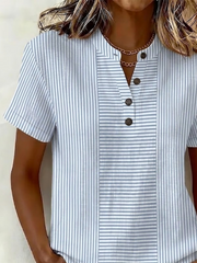 Blue Striped Print Henley V Neck Short Sleeve Casual Summer Women's Shirt