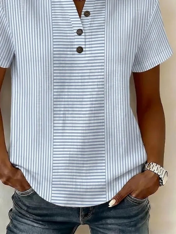 Blue Striped Print Henley V Neck Short Sleeve Casual Summer Women's Shirt