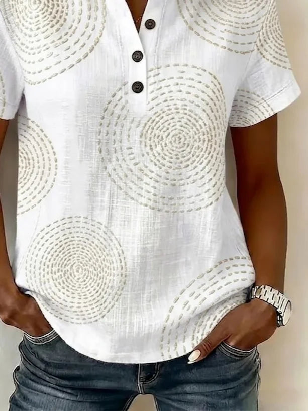 White Abstract Circle Print Henley V Neck Short Sleeve Casual Summer Women's Shirt