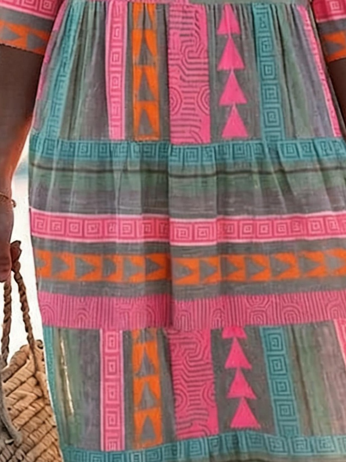 Geometric Print Crew Neck Half Sleeve Loose A-Line Midi Women Summer Dress