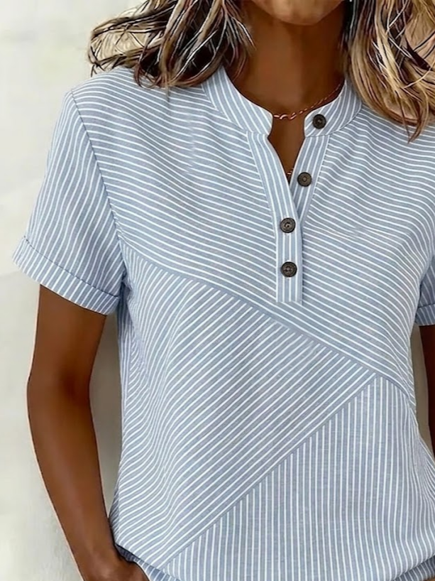Blue Striped V Neck Button Detail Short Sleeve Regular Fit Summer Women Shirt