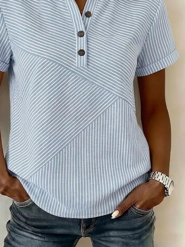 Blue Striped V Neck Button Detail Short Sleeve Regular Fit Summer Women Shirt