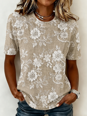 Khaki Vintage 3D Floral Print Crew Neck Short Sleeve Casual T-shirt