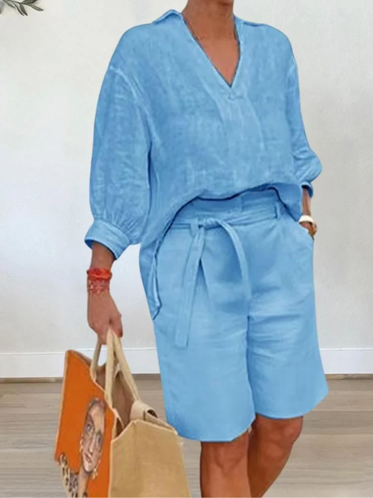 Blue Casual Plain V Neck Cotton Linen Two-Piece Shorts Set