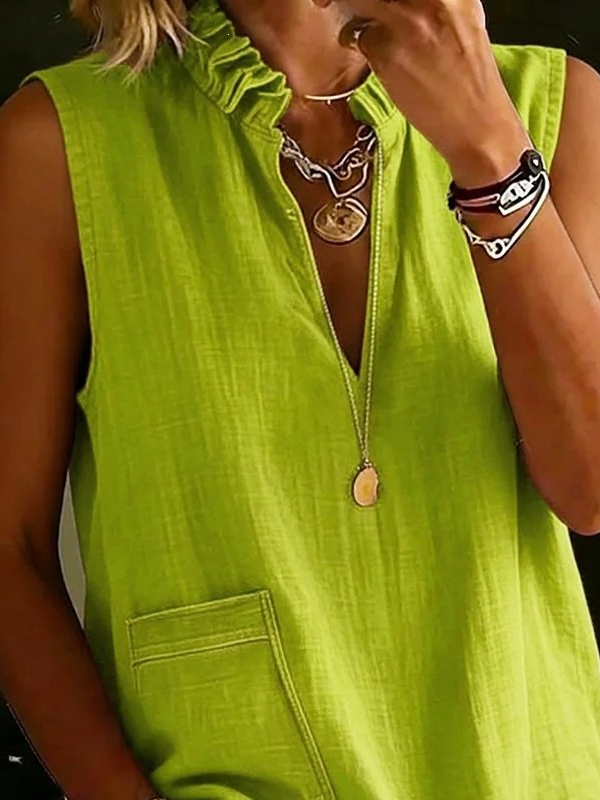 Green Solid V-Neck Ruffled Collar Sleeveless Cotton Linen Casual Blouse