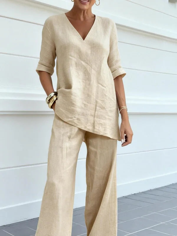 Apricot Plain V Neck Half Sleeve Polyester Two-Piece Summer Set