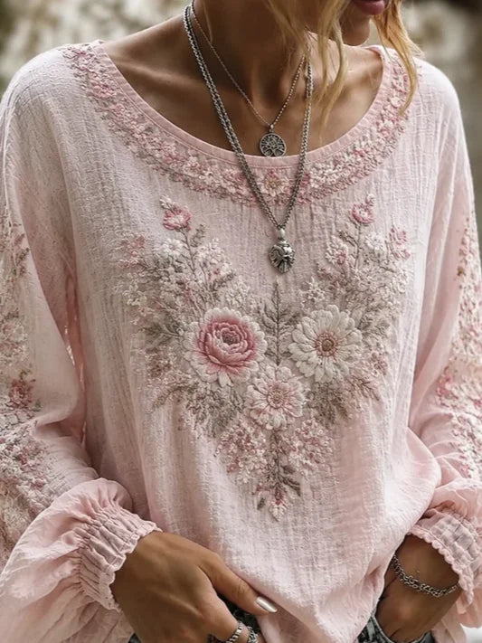 Lightweight Floral Print Crew Neck Long Sleeve Loose Women Blouse