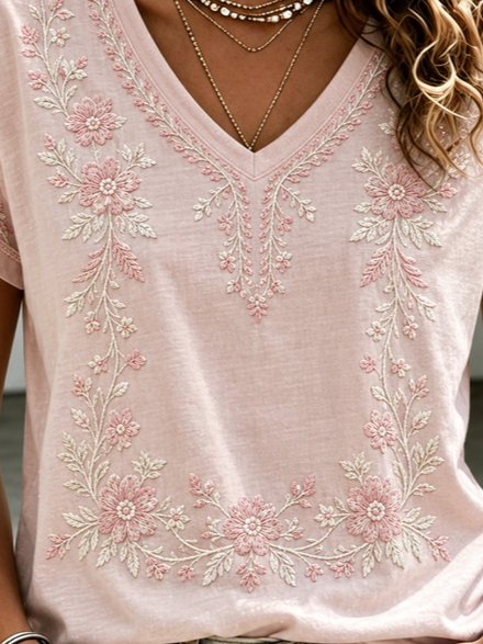 Casual Floral V Neck Short Sleeve T-shirt