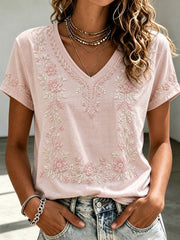 Casual Floral V Neck Short Sleeve T-shirt