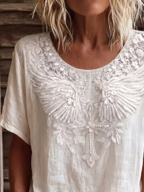 Retro Boho 3D Floral Wing Cross Crew Neck Loose Short Sleeve Casual Top