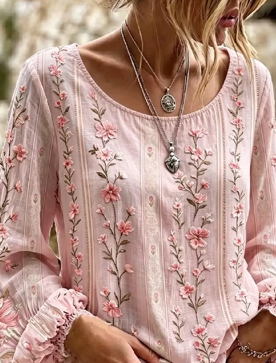 Pink Floral Print Round Neck Lightweight Long Sleeve Loose Bohemian Blouse