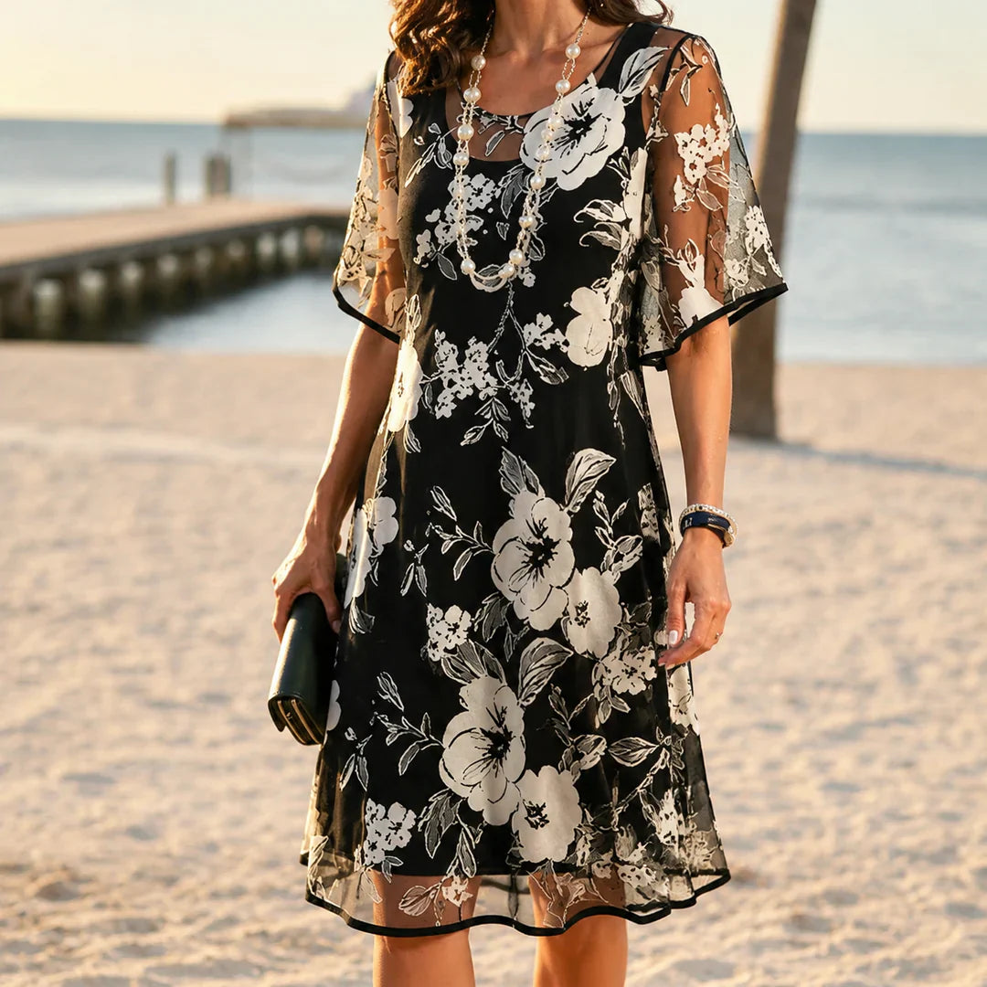 Solenya Women Black Floral Chiffon Midi Dress, Layered Sheer Mesh Overlay Flutter Short Sleeve Casual Summer Dress
