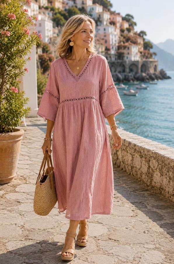 Women Mediterranean Linen V Neck Eyelet Bell Sleeve Flowy Midi Vacation Dress