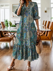 Bohemian Paisley Print V Neck Ruffle Hem 3/4 Sleeve Maxi Dress