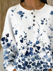 Women Crew Neck Watercolor Floral Print Henley Waffle Sweatshirt