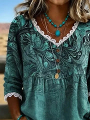 Women V Neck Lace Trim Abstract Print Half Sleeve Casual Summer Blouse